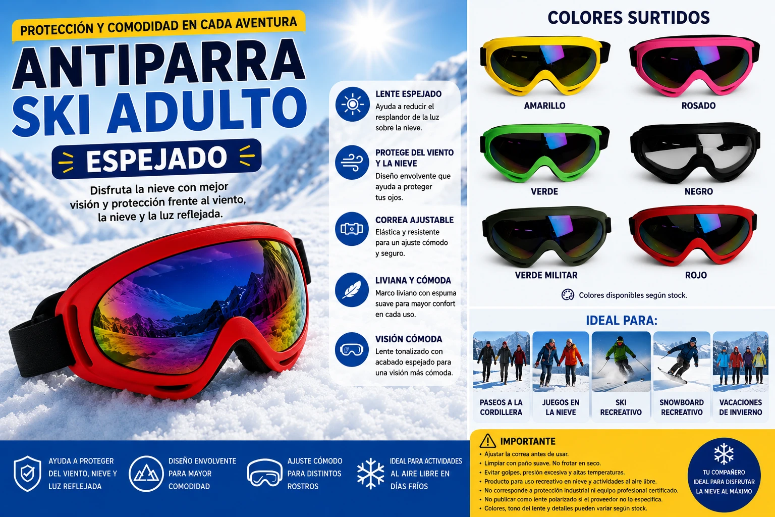 Antiparra Ski Adulto Espejado para nieve recreativa en Chile - TODOMAX.CL