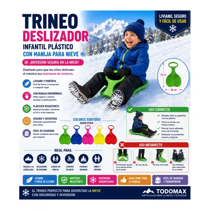 Trineo Deslizador Infantil Plástico con Manija para Nieve para jugar en la nieve en Chile - TODOMAX.CL