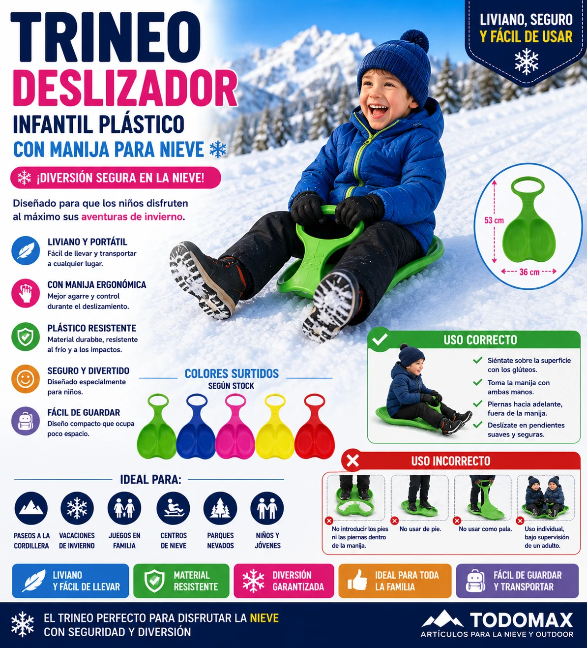 Trineo Deslizador Infantil Plástico con Manija para Nieve para jugar en la nieve en Chile - TODOMAX.CL