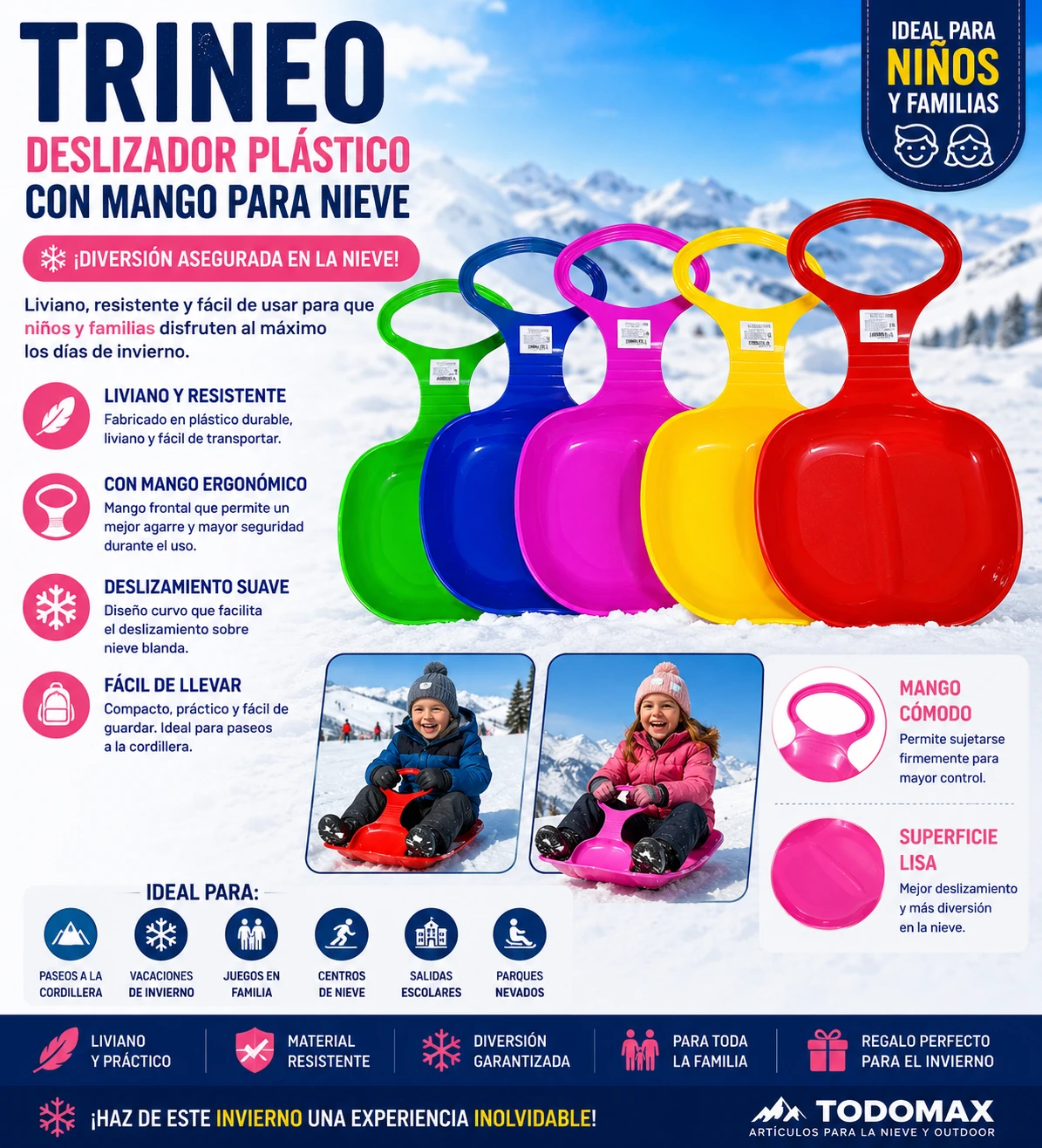 Trineo Deslizador Plástico con Mango para Nieve para jugar en la nieve en Chile - TODOMAX.CL